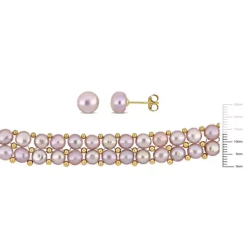 3-Pcs Set of 6-8MM Pink Freshwater Culuted Pearl Double Strand Necklace, Bracelet and Stud Earrings in Yellow Plated Sterling Silver