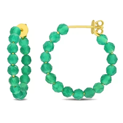 Green Onyx Beaded Facetted Hoop Earrings in Yellow Plated Sterling Silver