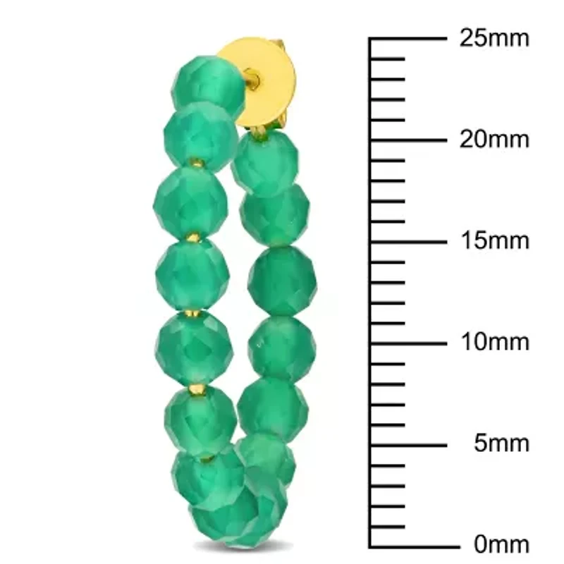 Green Onyx Beaded Facetted Hoop Earrings in Yellow Plated Sterling Silver
