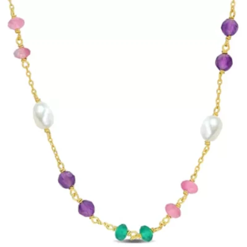 Amethyst, Green Onyx and Pink Tourmaline Beads with 4-5.5mm Freshwater Cultured Pearl Necklace in Yellow Plated Sterling Silver