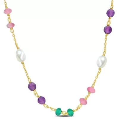 Amethyst, Green Onyx and Pink Tourmaline Beads with 4-5.5mm Freshwater Cultured Pearl Necklace in Yellow Plated Sterling Silver