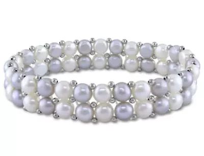 6-7mm Light Grey and White Freshwater Cultured Pearl Double-Row Elastic Bracelet with Brass Beads