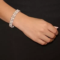 6-7mm Light Grey and White Freshwater Cultured Pearl Double-Row Elastic Bracelet with Brass Beads