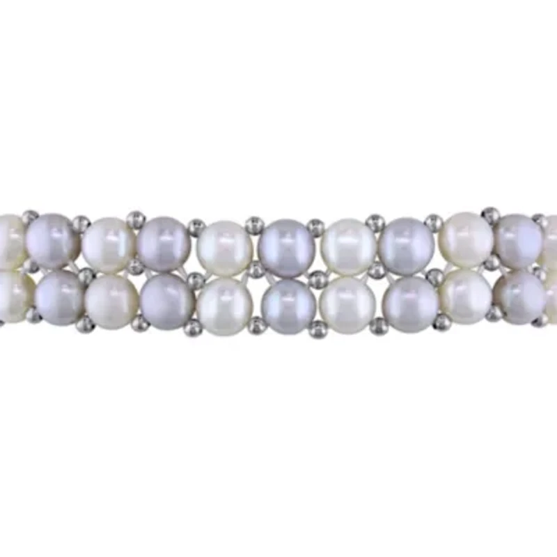 6-7mm Light Grey and White Freshwater Cultured Pearl Double-Row Elastic Bracelet with Brass Beads
