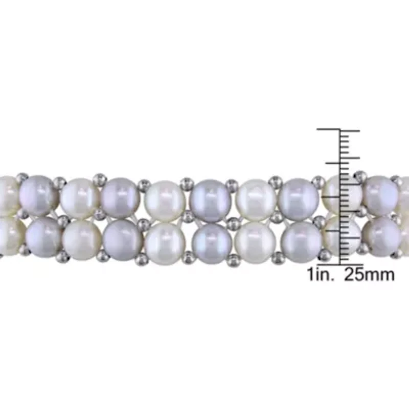 6-7mm Light Grey and White Freshwater Cultured Pearl Double-Row Elastic Bracelet with Brass Beads