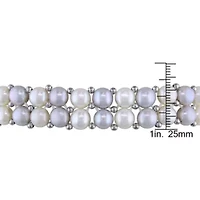 6-7mm Light Grey and White Freshwater Cultured Pearl Double-Row Elastic Bracelet with Brass Beads