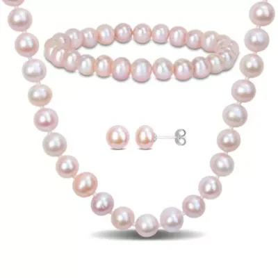 3-Pc Set of 6.5-8mm Pink Freshwater Cultured Pearl Necklace, Bracelet and Earrings in Sterling Silver