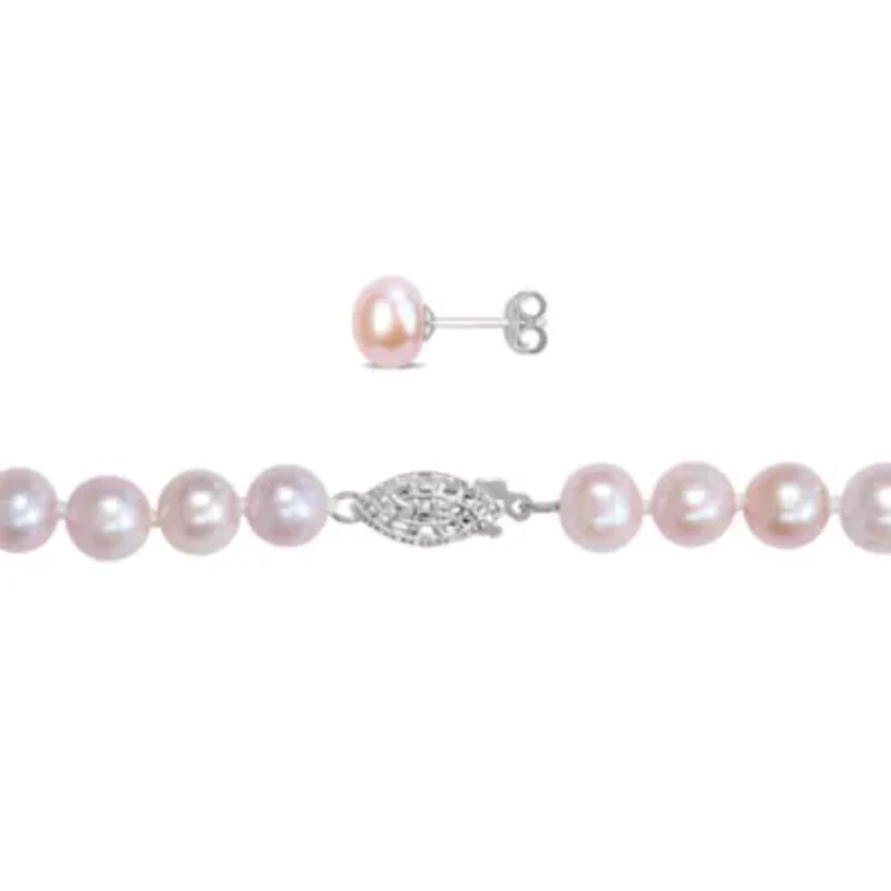 3-Pc Set of 6.5-8mm Pink Freshwater Cultured Pearl Necklace, Bracelet and Earrings in Sterling Silver