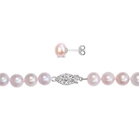 3-Pc Set of 6.5-8mm Pink Freshwater Cultured Pearl Necklace, Bracelet and Earrings in Sterling Silver