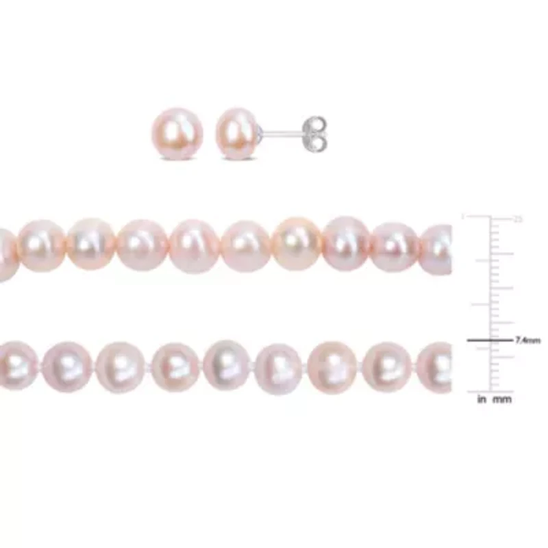 3-Pc Set of 6.5-8mm Pink Freshwater Cultured Pearl Necklace, Bracelet and Earrings in Sterling Silver