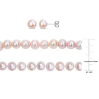 3-Pc Set of 6.5-8mm Pink Freshwater Cultured Pearl Necklace, Bracelet and Earrings in Sterling Silver