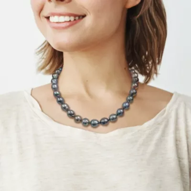 11-12mm Black Tahitian Cultured Pearl Necklace with 14K White Gold Ball Clasp