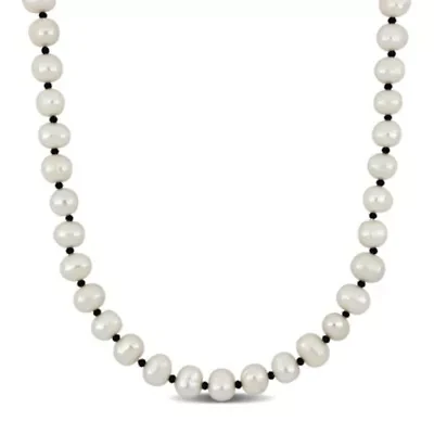 7-8mm Freshwater Cultured Pearl and Black Spinel Beads Necklace with Sterling Silver Lobster clasp