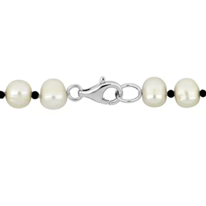 7-8mm Freshwater Cultured Pearl and Black Spinel Beads Necklace with Sterling Silver Lobster clasp