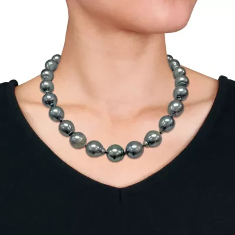 12-15.5mm Black Tahitian Cultured Pearl Necklace with 14K White Gold Ball Clasp with Diamond Accent