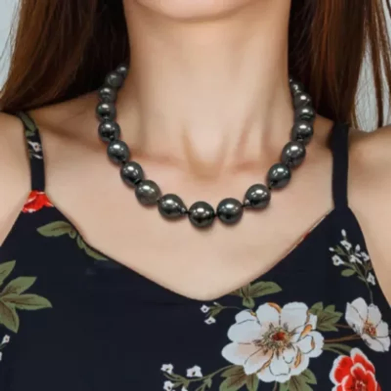 12-15.5mm Black Tahitian Cultured Pearl Necklace with 14K White Gold Ball Clasp with Diamond Accent