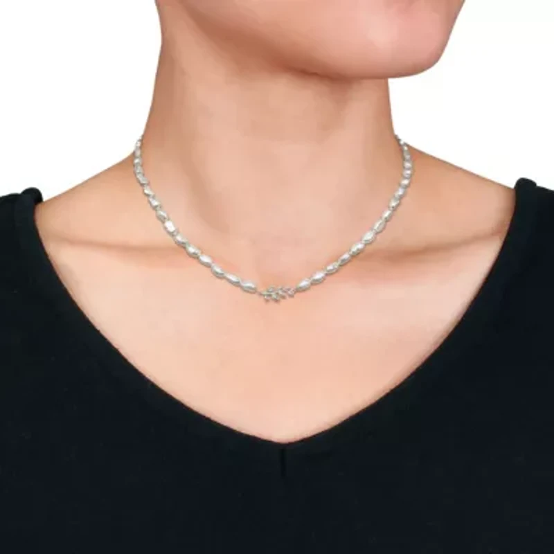 5-6mm Freshwater Cultured Pearl Necklace with Leaf Motif in Sterling Silver