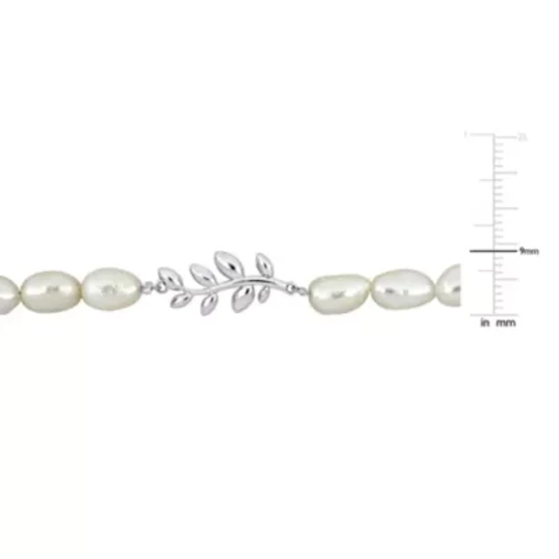 5-6mm Freshwater Cultured Pearl Necklace with Leaf Motif in Sterling Silver