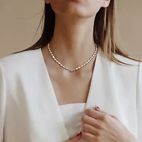 5-6mm Freshwater Cultured Pearl Necklace with Leaf Motif in Sterling Silver