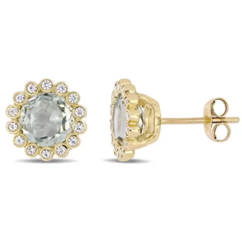 Green Quartz and White Sapphire Halo Stud Earrings in 10K Yellow Gold