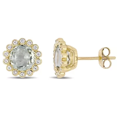 Green Quartz and White Sapphire Halo Stud Earrings in 10K Yellow Gold
