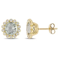 Green Quartz and White Sapphire Halo Stud Earrings in 10K Yellow Gold