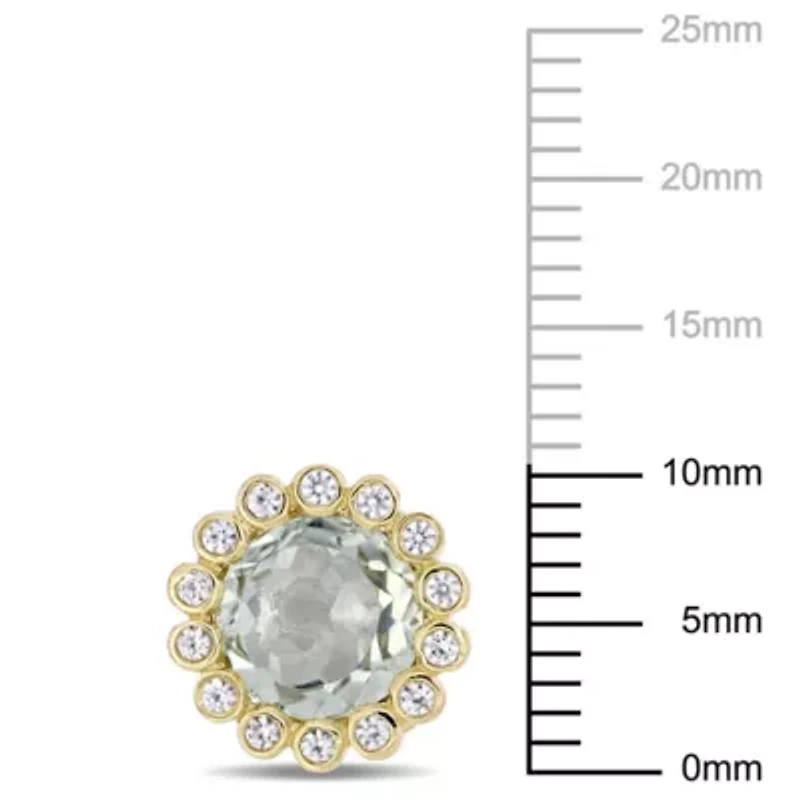 Green Quartz and White Sapphire Halo Stud Earrings in 10K Yellow Gold