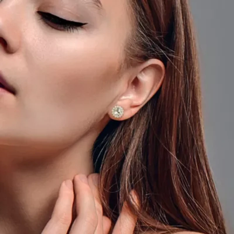 Green Quartz and White Sapphire Halo Stud Earrings in 10K Yellow Gold