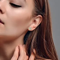 Green Quartz and White Sapphire Halo Stud Earrings in 10K Yellow Gold