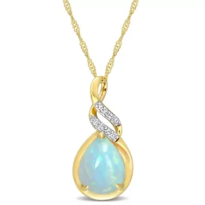 Blue Ethiopian Opal and Diamond Accent Twist Pendant with Chain in 10K Yellow Gold