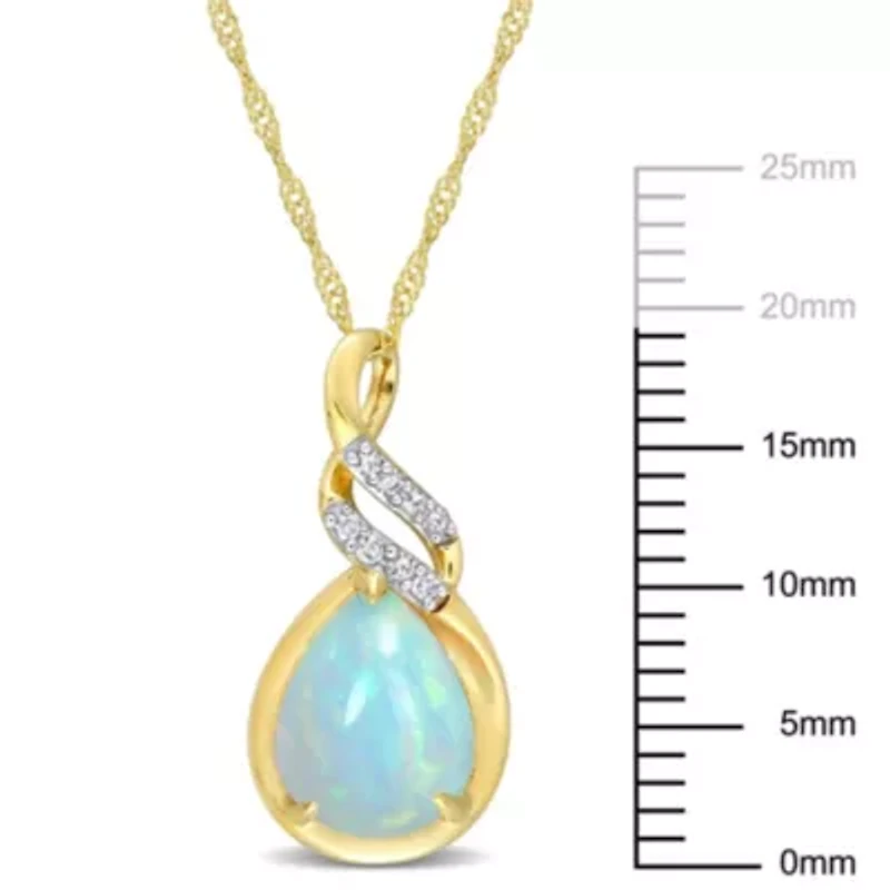 Blue Ethiopian Opal and Diamond Accent Twist Pendant with Chain in 10K Yellow Gold