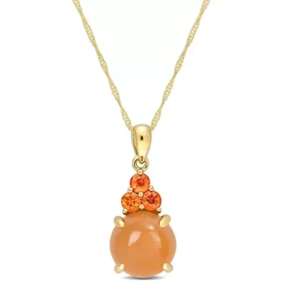 Orange Moonstone and Orange Sapphire Pendant with Chain in 14K Yellow Gold