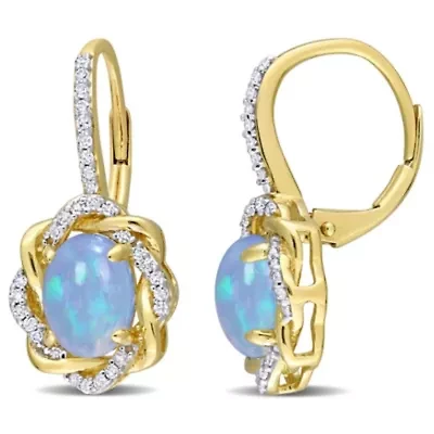 Blue Ethiopian Opal and 1/4 ct. t.w. Diamond Halo Earrings in 10K Yellow Gold
