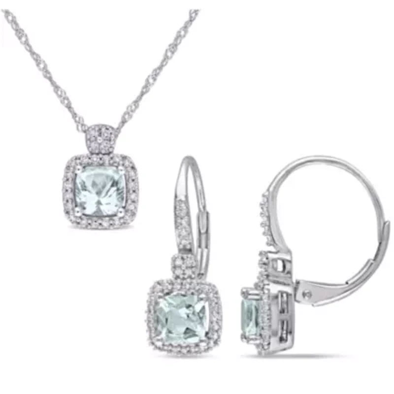 2-Pc Set of Aquamarine and 1/3 ct. t.w. Daimond Halo Earrings and Pendant with Chain in 10K White Gold
