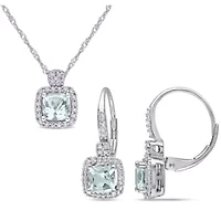 2-Pc Set of Aquamarine and 1/3 ct. t.w. Daimond Halo Earrings and Pendant with Chain in 10K White Gold