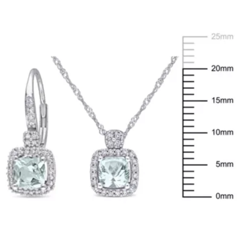 2-Pc Set of Aquamarine and 1/3 ct. t.w. Daimond Halo Earrings and Pendant with Chain in 10K White Gold