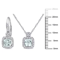 2-Pc Set of Aquamarine and 1/3 ct. t.w. Daimond Halo Earrings and Pendant with Chain in 10K White Gold
