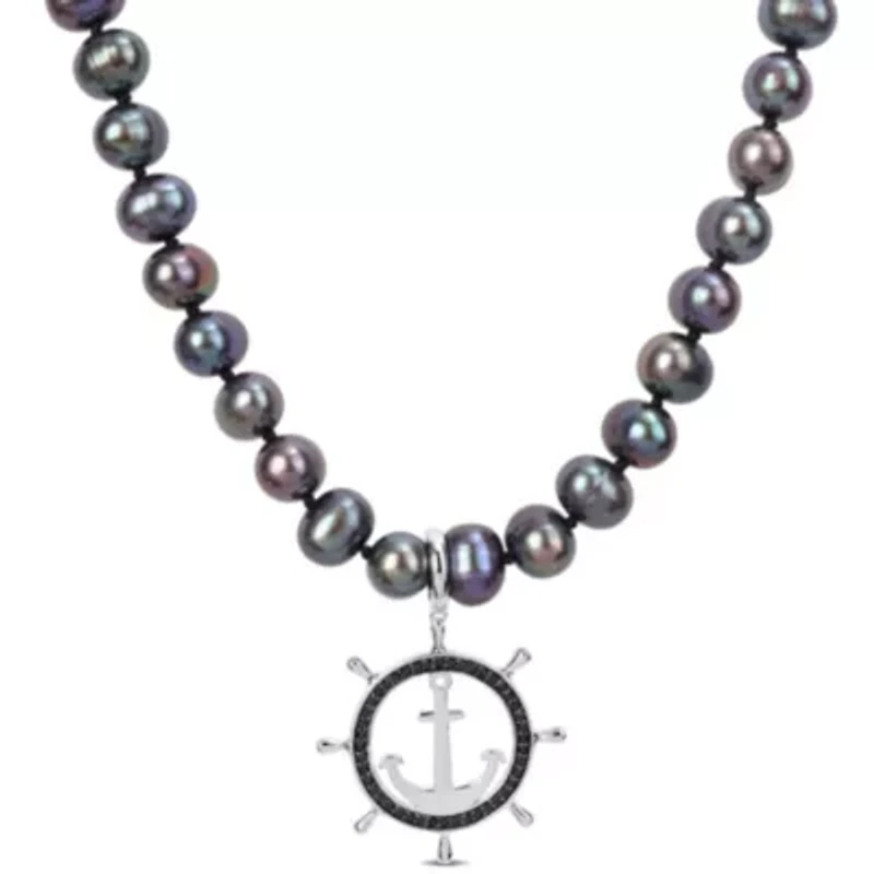 7-7.5mm Black Freshwater Cultured Pearl and 1/3 ct. t.w. Black Diamond Anchor Necklace in Sterling Silver with Black Rhodium Plated