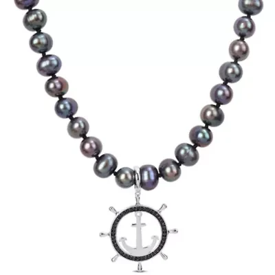 7-7.5mm Black Freshwater Cultured Pearl and 1/3 ct. t.w. Black Diamond Anchor Necklace in Sterling Silver with Black Rhodium Plated