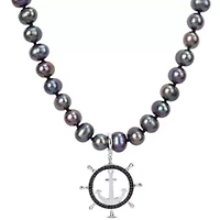 7-7.5mm Black Freshwater Cultured Pearl and 1/3 ct. t.w. Black Diamond Anchor Necklace in Sterling Silver with Black Rhodium Plated