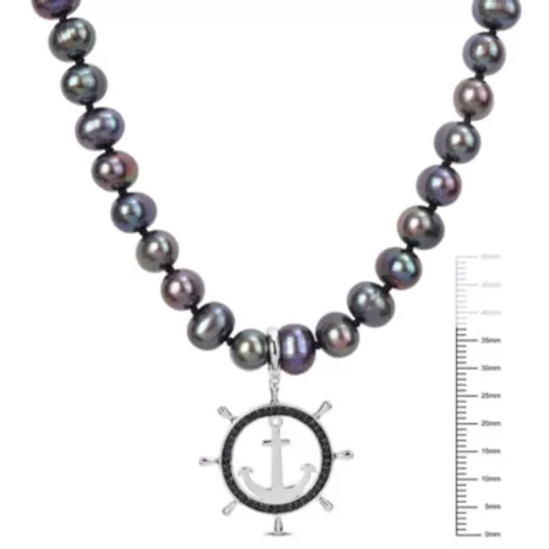 7-7.5mm Black Freshwater Cultured Pearl and 1/3 ct. t.w. Black Diamond Anchor Necklace in Sterling Silver with Black Rhodium Plated