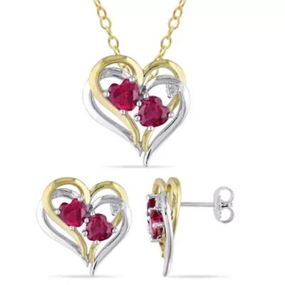 Lab Created 2-Pc Set of Created Ruby and Diamond Accent Heart Stud Earrings and Pendant with Chain in 2-Tone Sterling Silver