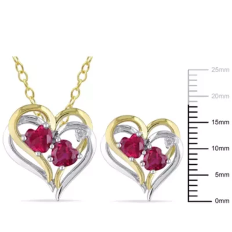 Lab Created 2-Pc Set of Created Ruby and Diamond Accent Heart Stud Earrings and Pendant with Chain in 2-Tone Sterling Silver