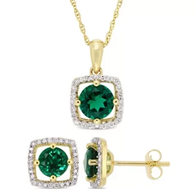 Lab Created 2-Pc Set of Created Emerald and 1/6 ct. t.w. Diamond Square Halo Stud Earrings and Pendant with Chain in 10K Yellow Gold