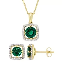 Lab Created 2-Pc Set of Created Emerald and 1/6 ct. t.w. Diamond Square Halo Stud Earrings and Pendant with Chain in 10K Yellow Gold
