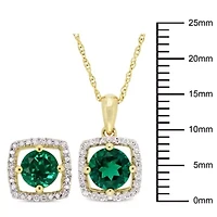 Lab Created 2-Pc Set of Created Emerald and 1/6 ct. t.w. Diamond Square Halo Stud Earrings and Pendant with Chain in 10K Yellow Gold