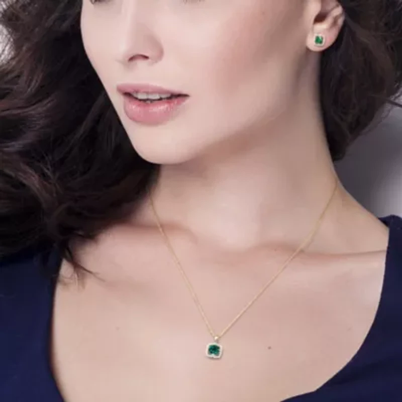Lab Created 2-Pc Set of Created Emerald and 1/6 ct. t.w. Diamond Square Halo Stud Earrings and Pendant with Chain in 10K Yellow Gold