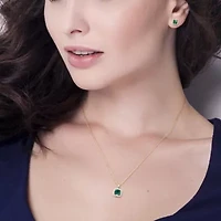Lab Created 2-Pc Set of Created Emerald and 1/6 ct. t.w. Diamond Square Halo Stud Earrings and Pendant with Chain in 10K Yellow Gold
