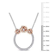 Lab Created Created White Sapphire Rose Open Circle Pendant with Chain in 2-Tone Sterling Silver