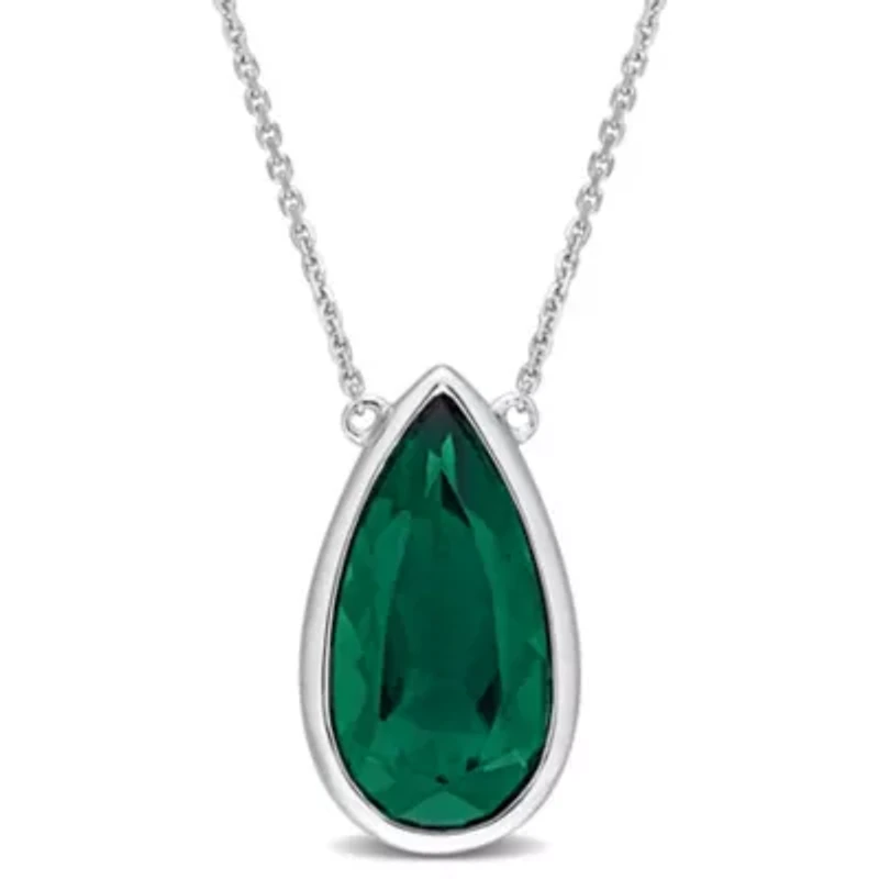 Lab Created Created Emerald Teardrop Pendant with Chain in 14K White Gold